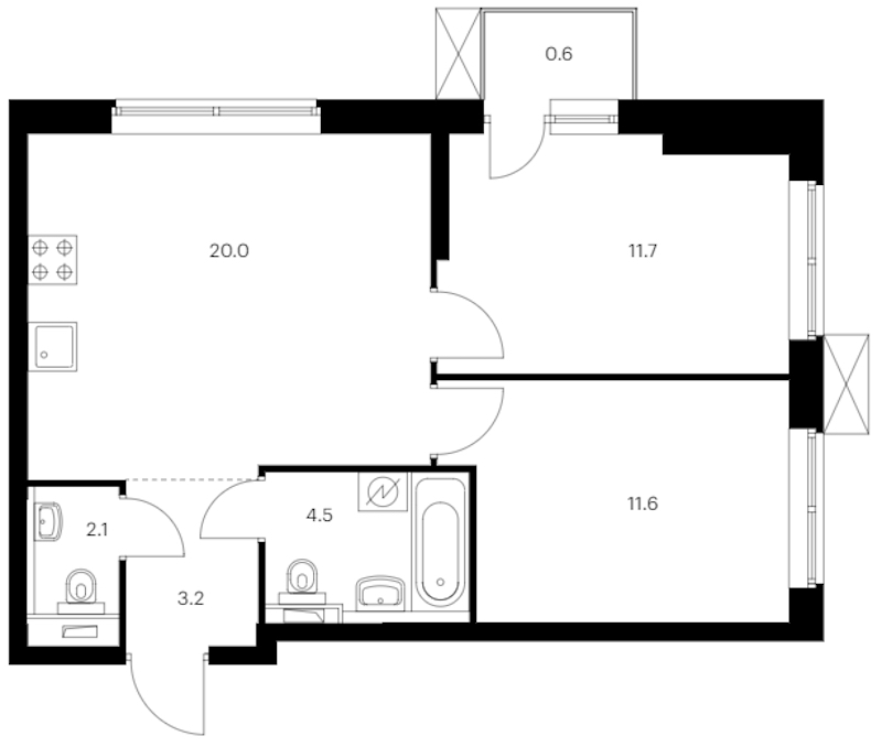 2-комнатная квартира 53.7 м², 2/12 эт., ЖК «Шкиперский 19»